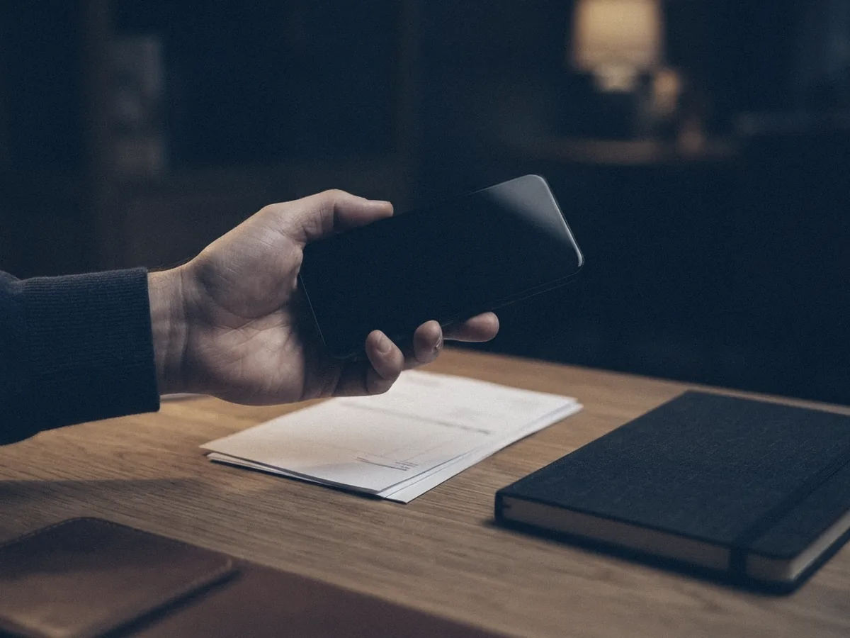 A hand holds a phone over a desk with a short stack of invoices.